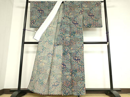 平和屋着物▽小紋 単衣 更紗花鳥文 洗える着物 DAAX3006az