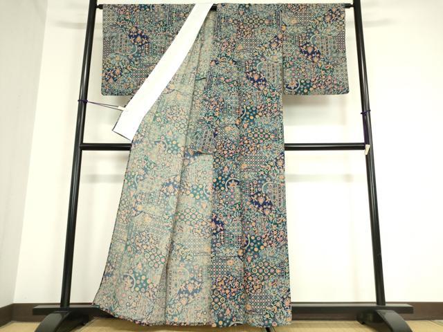 平和屋着物▽小紋 単衣 更紗花鳥文 洗える着物 DAAX3006az