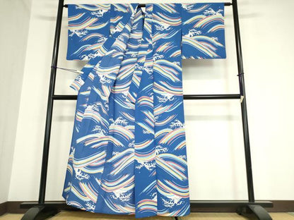 平和屋着物▽小紋 単衣 立波文 洗える着物 DAAX3007az