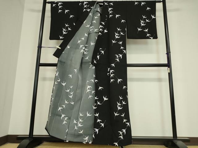 平和屋着物▽小紋 単衣 飛鶴文 黒地 洗える着物 DAAX3020az