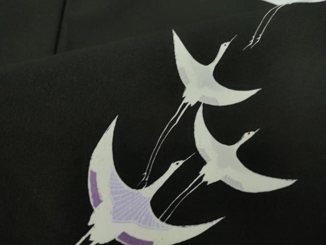 平和屋着物▽小紋 単衣 飛鶴文 黒地 洗える着物 DAAX3020az