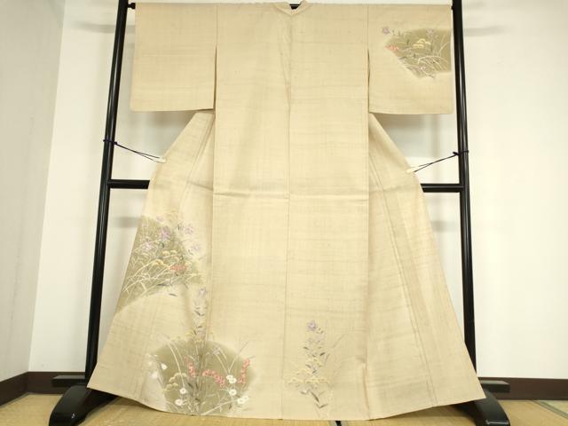 平和屋着物▽訪問着 単衣 生紬 草花文 正絹 逸品 DAAX3024az