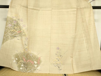 平和屋着物▽訪問着 単衣 生紬 草花文 正絹 逸品 DAAX3024az