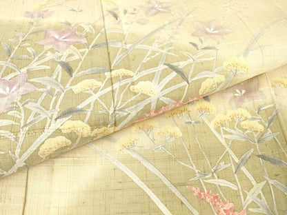 平和屋着物▽訪問着 単衣 生紬 草花文 正絹 逸品 DAAX3024az