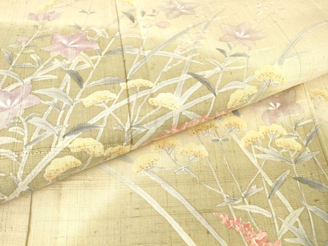 平和屋着物▽訪問着 単衣 生紬 草花文 正絹 逸品 DAAX3024az