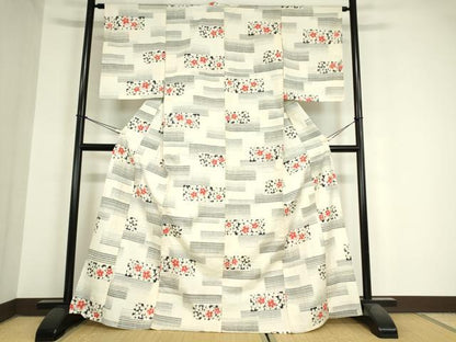平和屋着物▽上質な紬　単衣　横段花文　正絹　逸品　DAAX3041az