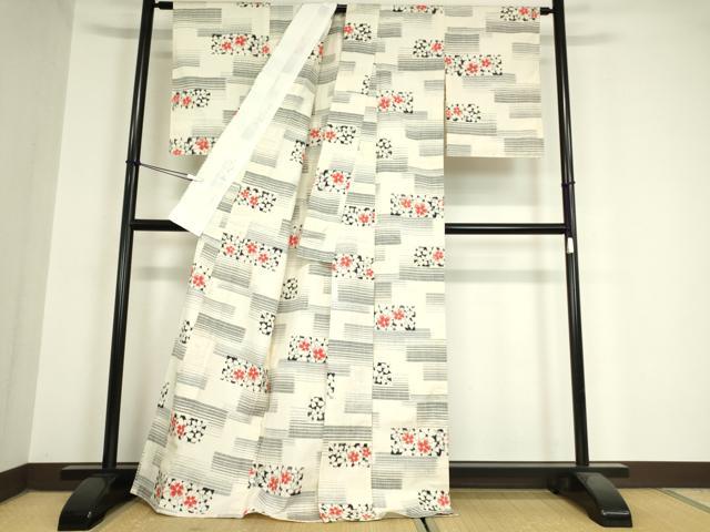 平和屋着物▽上質な紬　単衣　横段花文　正絹　逸品　DAAX3041az
