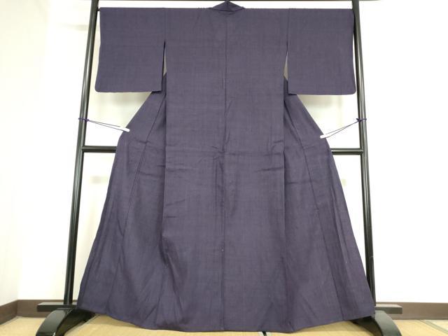 平和屋着物▽本場結城紬　重要無形文化財　単衣　深紫色　正絹　逸品　DAAX3048az
