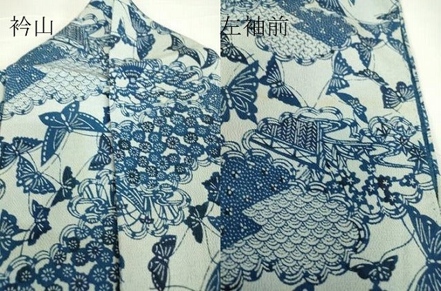 平和屋着物▽本藍 型絵染 小紋 単衣 雲取り舞蝶文 鬼しぼ縮緬 正絹 逸品 DAAX3063az