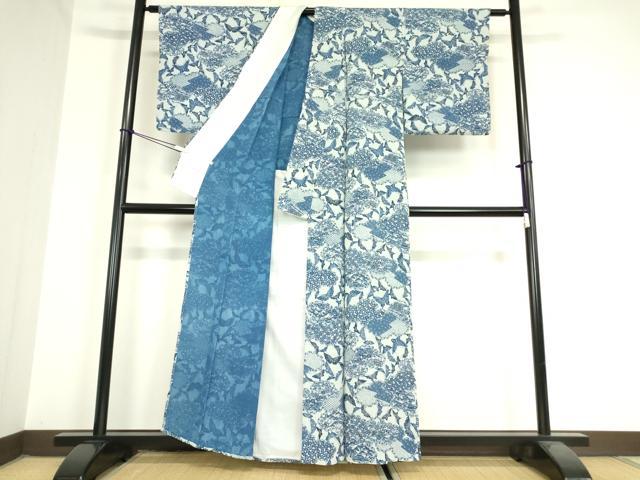 平和屋着物▽本藍 型絵染 小紋 単衣 雲取り舞蝶文 鬼しぼ縮緬 正絹 逸品 DAAX3063az