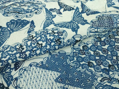 平和屋着物▽本藍 型絵染 小紋 単衣 雲取り舞蝶文 鬼しぼ縮緬 正絹 逸品 DAAX3063az