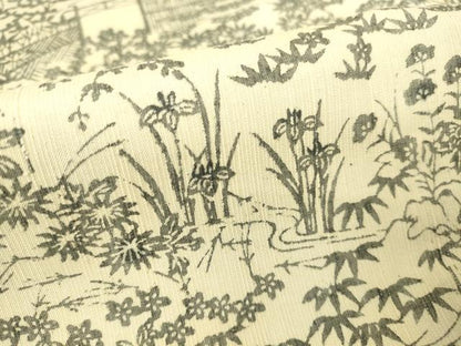 平和屋着物▽上質な小紋 紬地 単衣 型染 風景花文 正絹 逸品 DAAX3074az
