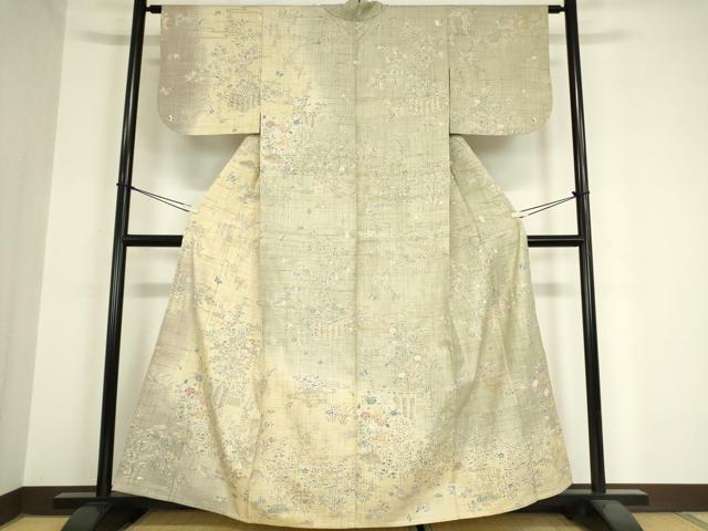 平和屋着物▽訪問着 紬地 単衣 風景花蝶文 金彩 正絹 逸品 DAAX3084az