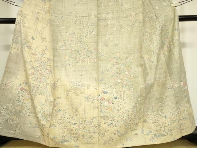 平和屋着物▽訪問着 紬地 単衣 風景花蝶文 金彩 正絹 逸品 DAAX3084az