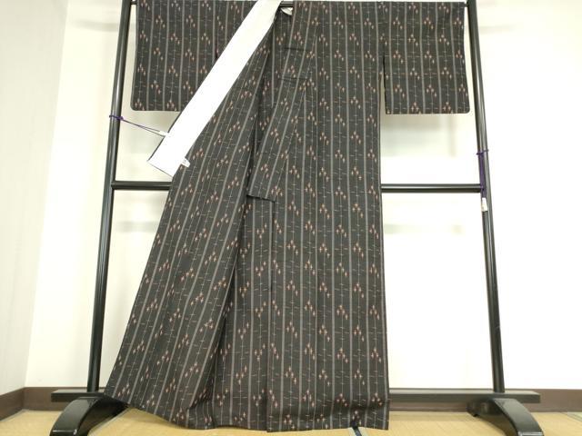平和屋着物▽上質な紬 単衣 絣間道 黒地 正絹 逸品 DAAX3085az