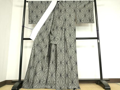 平和屋着物▽上質な紬 単衣 麻の葉文 正絹 逸品 未使用 DAAX3087az