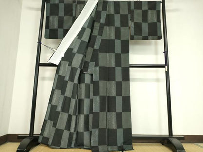 平和屋着物▽小紋 単衣 市松文 黒地 洗える着物 DAAX3088az