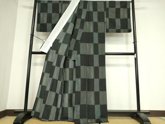 平和屋着物▽小紋 単衣 市松文 黒地 洗える着物 DAAX3088az