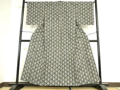 平和屋着物▽上質な紬 単衣 幾何学柄 正絹 逸品 DAAX3108az