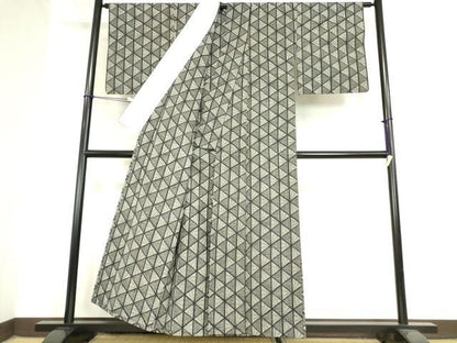 平和屋着物▽上質な紬 単衣 幾何学柄 正絹 逸品 DAAX3108az