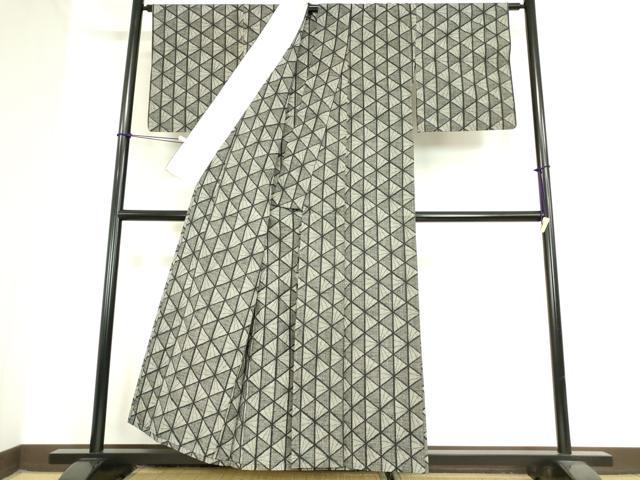 平和屋着物▽上質な紬 単衣 幾何学柄 正絹 逸品 DAAX3108az
