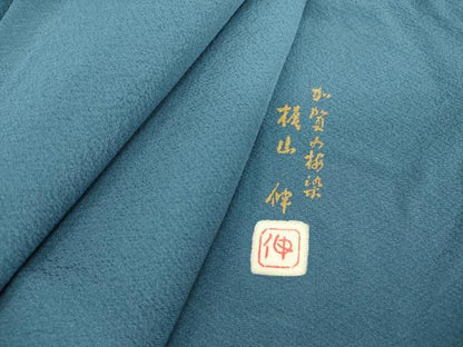 平和屋着物▽本加賀友禅作家　梶山伸監修　色無地　単衣　藍色　正絹　逸品　DAAX3118az