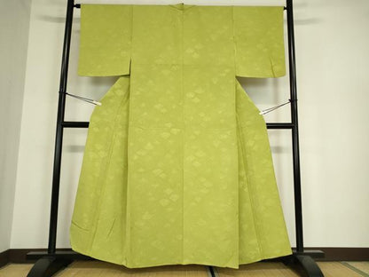 平和屋着物▽上質な色無地 単衣 扇面花地紋 苗色 正絹 逸品 DAAX3123az