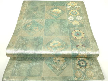 平和屋着物▼六通柄袋帯　格子花文　金糸　正絹　逸品　DAAX3254az