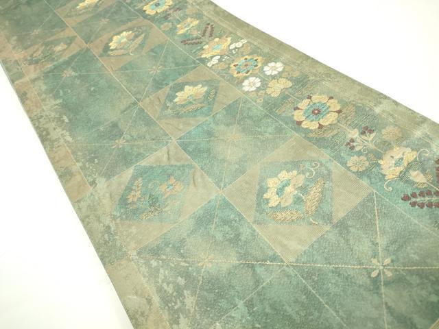 平和屋着物▼六通柄袋帯　格子花文　金糸　正絹　逸品　DAAX3254az