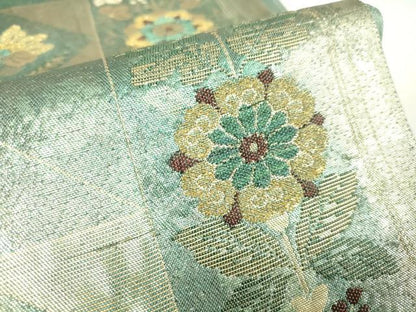 平和屋着物▼六通柄袋帯　格子花文　金糸　正絹　逸品　DAAX3254az