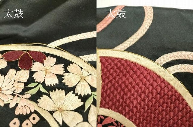 平和屋着物●アンティーク 大正ロマン 九寸名古屋帯 駒刺繍 総刺繍 鏡裏花文 黒地 金糸 正絹 逸品 DAAX3376az