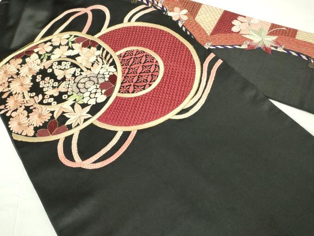 平和屋着物●アンティーク 大正ロマン 九寸名古屋帯 駒刺繍 総刺繍 鏡裏花文 黒地 金糸 正絹 逸品 DAAX3376az