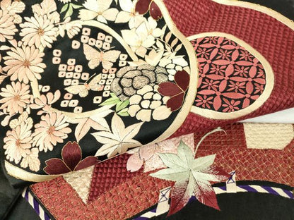 平和屋着物●アンティーク 大正ロマン 九寸名古屋帯 駒刺繍 総刺繍 鏡裏花文 黒地 金糸 正絹 逸品 DAAX3376az