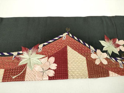 平和屋着物●アンティーク 大正ロマン 九寸名古屋帯 駒刺繍 総刺繍 鏡裏花文 黒地 金糸 正絹 逸品 DAAX3376az