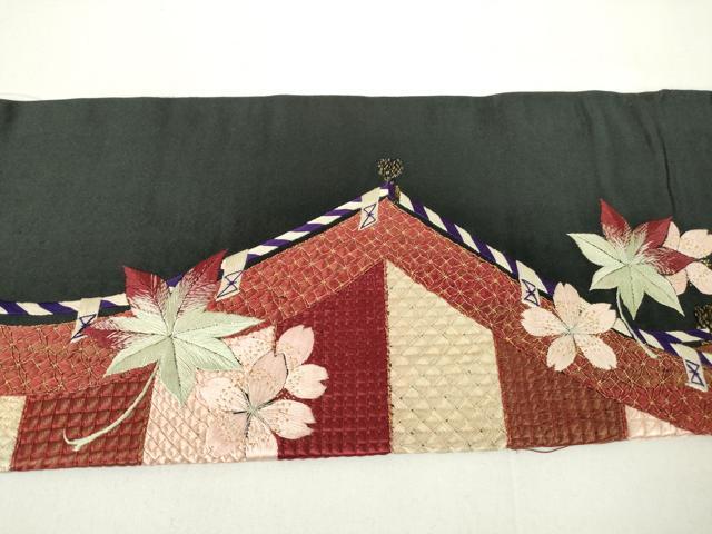 平和屋着物●アンティーク 大正ロマン 九寸名古屋帯 駒刺繍 総刺繍 鏡裏花文 黒地 金糸 正絹 逸品 DAAX3376az