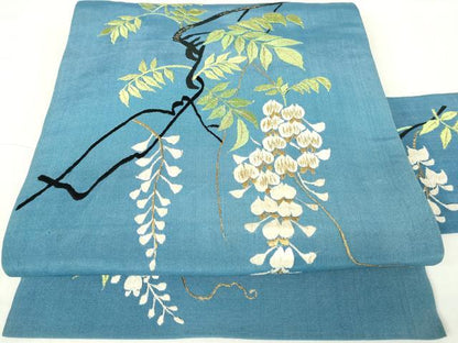 平和屋着物●アンティーク 大正ロマン 九寸名古屋帯 総刺繍 枝垂れ藤 金糸 正絹 逸品 DAAX3605az
