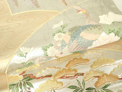 平和屋着物▼六通柄袋帯　唐織　地紙孔雀牡丹文　金糸　正絹　逸品　DAAX3683az