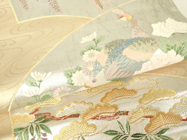 平和屋着物▼六通柄袋帯　唐織　地紙孔雀牡丹文　金糸　正絹　逸品　DAAX3683az
