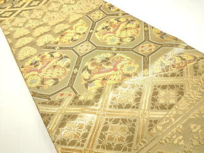 平和屋着物▼六通柄袋帯　蜀江花鳥文　金糸　正絹　逸品　DAAX3952az