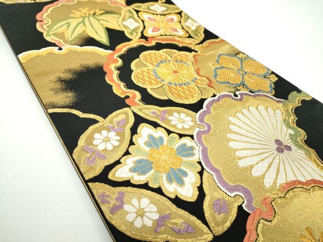 平和屋着物●六通柄袋帯　唐織　雪輪吉祥花文　黒地　金糸　正絹　逸品　DAAX4012ps