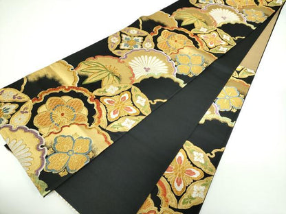 平和屋着物●六通柄袋帯　唐織　雪輪吉祥花文　黒地　金糸　正絹　逸品　DAAX4012ps