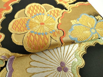 平和屋着物●六通柄袋帯　唐織　雪輪吉祥花文　黒地　金糸　正絹　逸品　DAAX4012ps