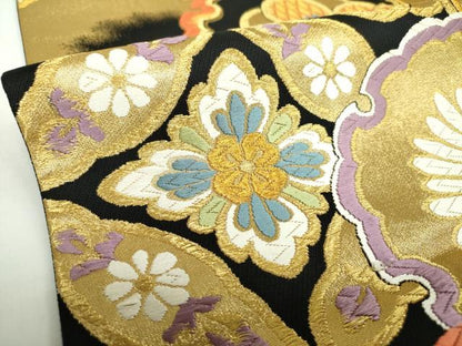 平和屋着物●六通柄袋帯　唐織　雪輪吉祥花文　黒地　金糸　正絹　逸品　DAAX4012ps