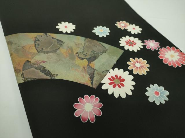 平和屋着物●塩瀬　九寸開き名古屋帯　地紙花文　黒地　金彩　正絹　逸品　DAAX4061ps