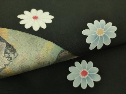 平和屋着物●塩瀬　九寸開き名古屋帯　地紙花文　黒地　金彩　正絹　逸品　DAAX4061ps