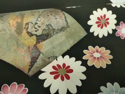 平和屋着物●塩瀬　九寸開き名古屋帯　地紙花文　黒地　金彩　正絹　逸品　DAAX4061ps