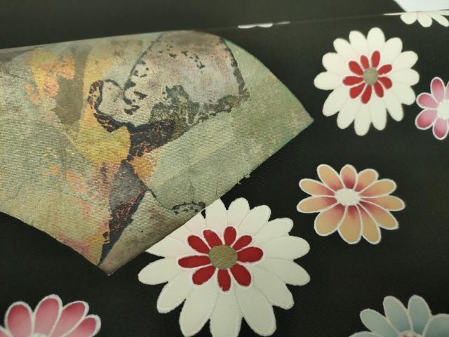 平和屋着物●塩瀬　九寸開き名古屋帯　地紙花文　黒地　金彩　正絹　逸品　DAAX4061ps