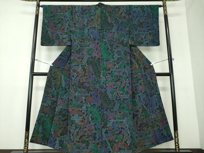 平和屋着物●上質な小紋　型染　鳳凰花文　黒地　鬼しぼ縮緬　正絹　逸品　未使用　DAAX4100ps