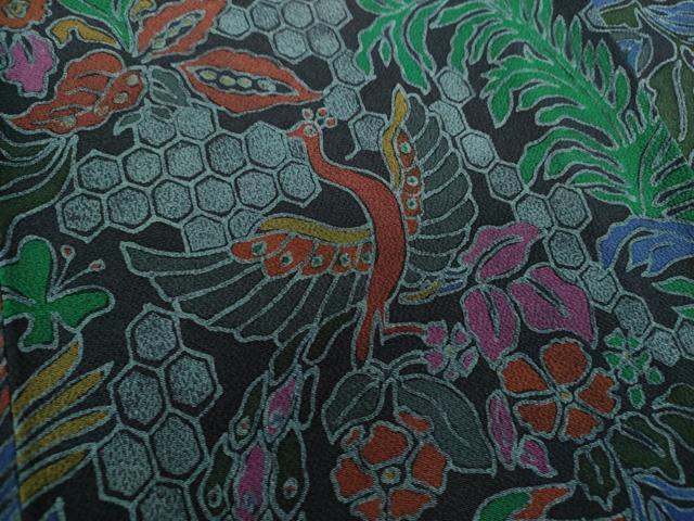 平和屋着物●上質な小紋　型染　鳳凰花文　黒地　鬼しぼ縮緬　正絹　逸品　未使用　DAAX4100ps