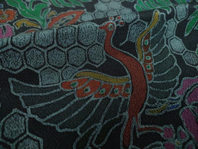 平和屋着物●上質な小紋　型染　鳳凰花文　黒地　鬼しぼ縮緬　正絹　逸品　未使用　DAAX4100ps